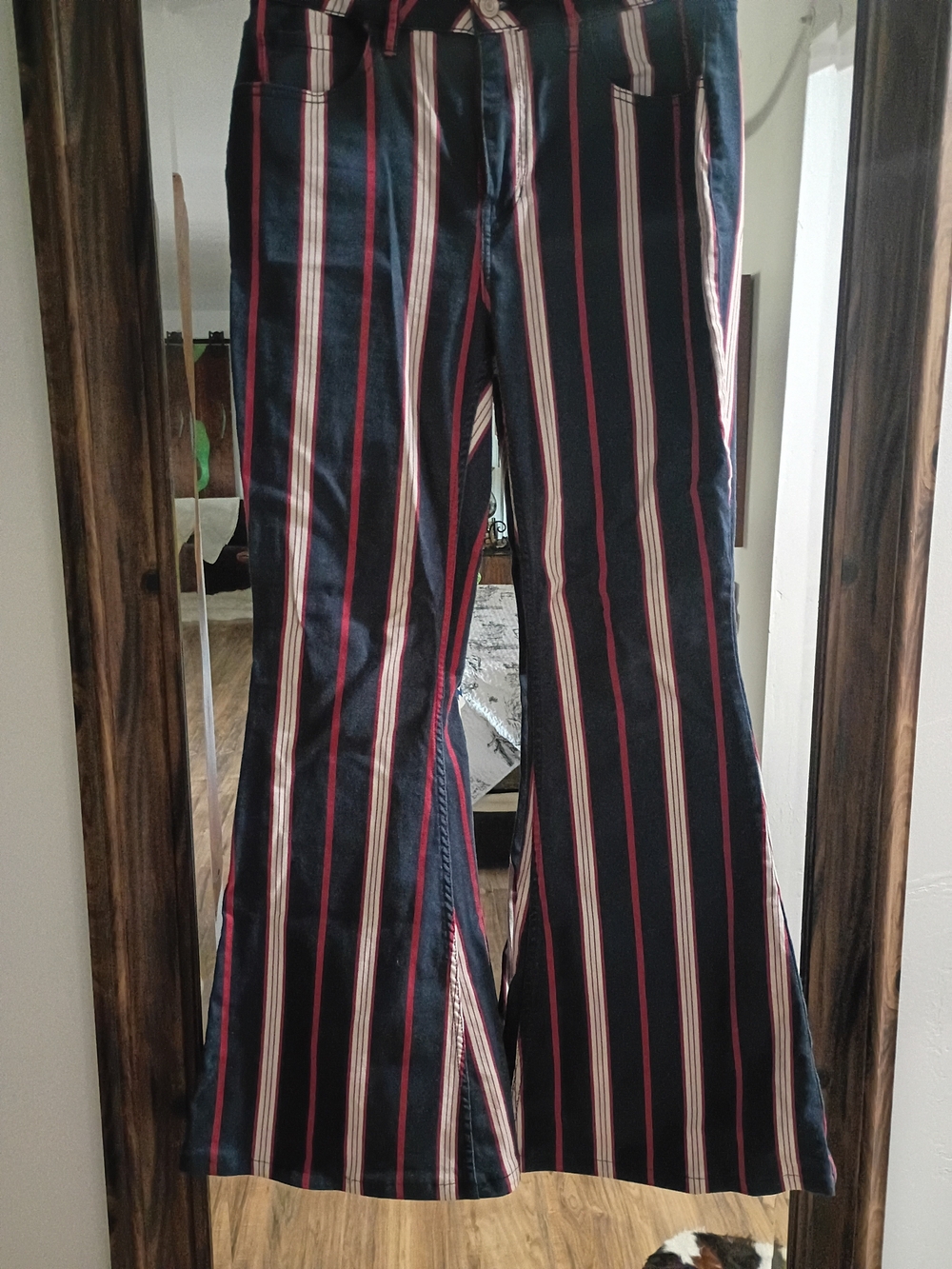 Shyanne Navy Flared Jeans with Red & White Vertical Stripes